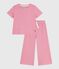 Kurzärmeliger Kinder-Pyjama aus Baumwolle mit weiten Beinen und Streifen rosa PEONIA/ MARSHMALLOW