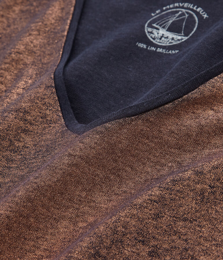 Kurz&auml;rmeliges einfarbiges schillerndes leinen-t-shirt damen blau SMOKING/rosa COPPER