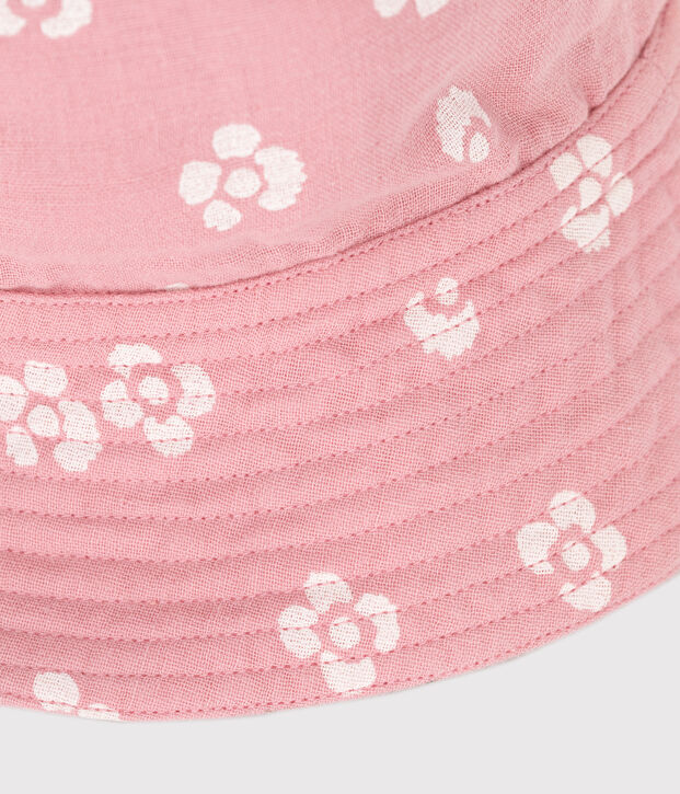 KINDERM&Uuml;TZE AUS BAUMWOLLGAUZE MIT ROSA BLUME UND CAPLINE rosa/weiss