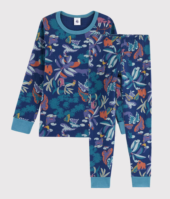 Kinderpyjama aus Doppeljersey mit Dschungelaufdruck für Jungen blau MEDIEVAL/weiss MULTICO