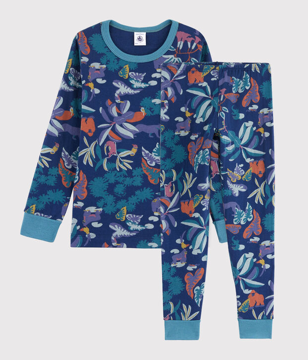 Kinderpyjama aus Doppeljersey mit Dschungelaufdruck f&uuml;r Jungen blau/vielfarbig