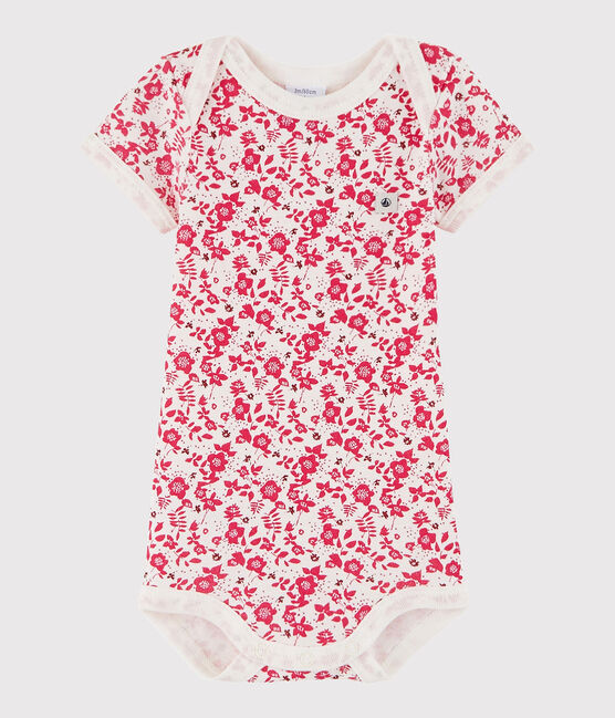 Kurzärmeliger Baby-Body Jungen weiss MARSHMALLOW/rosa FLASHY