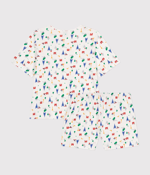 Damen-Pyjama, Shorts und T-Shirt aus Baumwolle mit Paris-Motiv weiss/blau/vielfarbig