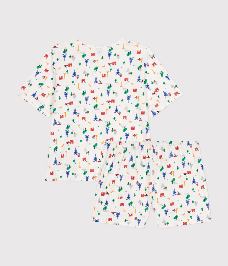 Damen-Pyjama, Shorts und T-Shirt aus Baumwolle mit Paris-Motiv weiss/blau/vielfarbig