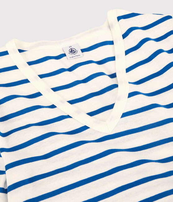 T-Shirt L’ICONIQUE mit V-Ausschnitt aus Bio-Baumwolle für Damen weiss MARSHMALLOW/blau DELFT