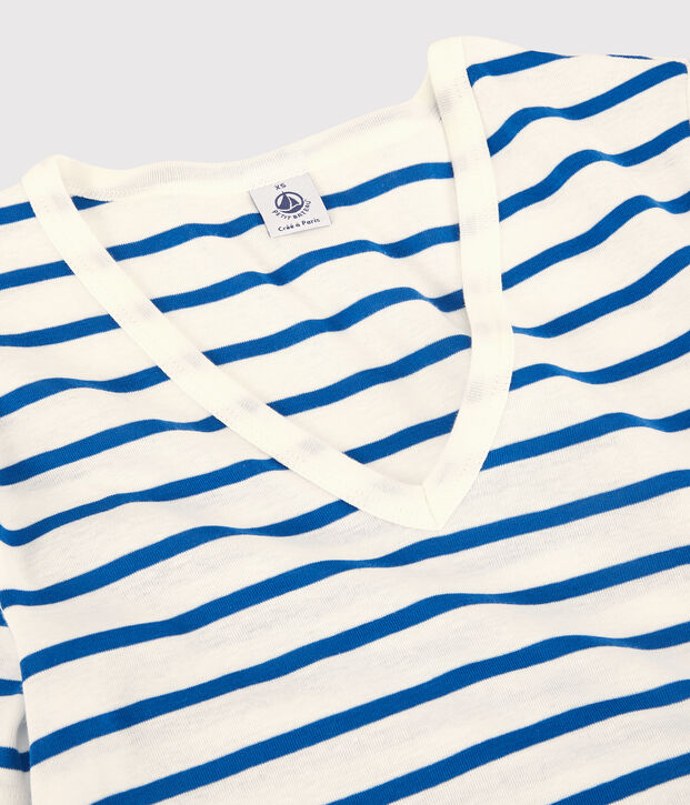 T-Shirt L&rsquo;ICONIQUE mit V-Ausschnitt aus Bio-Baumwolle f&uuml;r Damen weiss/blau