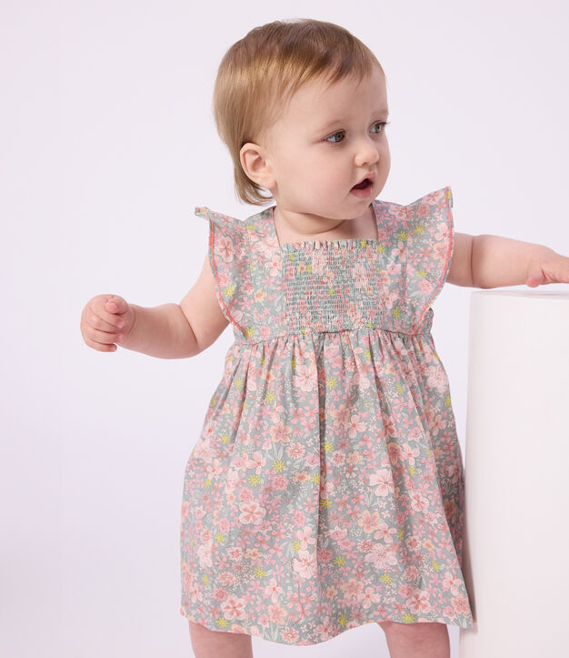 Kurz&auml;rmeliges Babykleid aus Baumwolle und dazu passender Bloomer mit Blumenmuster blau/vielfarbig