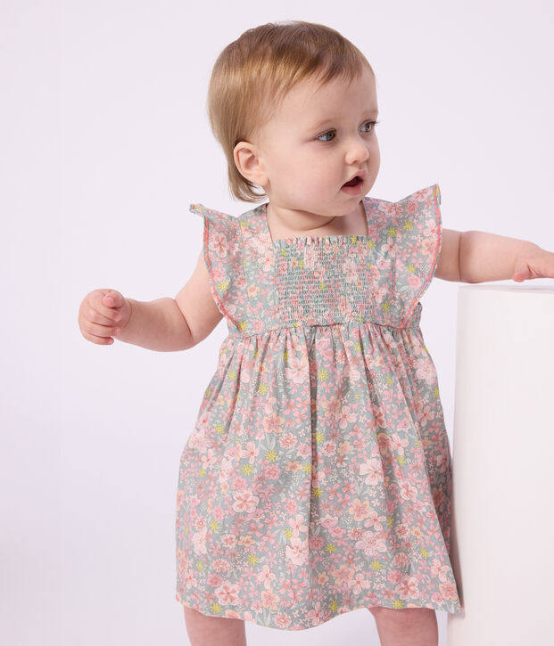 Kurz&auml;rmeliges Babykleid aus Baumwolle und dazu passender Bloomer mit Blumenmuster blau/vielfarbig