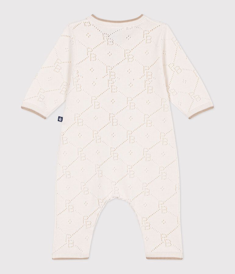 Langer Baby-Overall aus Baumwollstrick mit Lochstickerei naturfarben