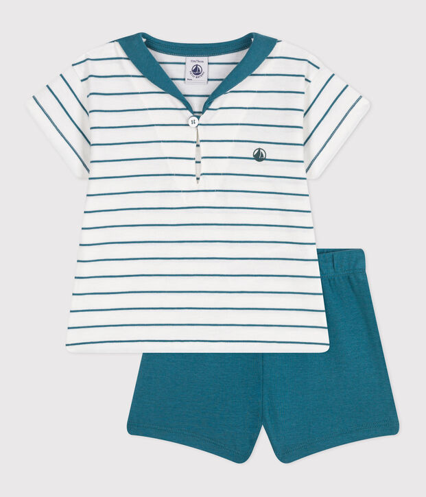 2-teiliges Baby-Set aus Baumwolle, gestreiftes T-Shirt und einfarbige Shorts gr&uuml;n/gr&uuml;n