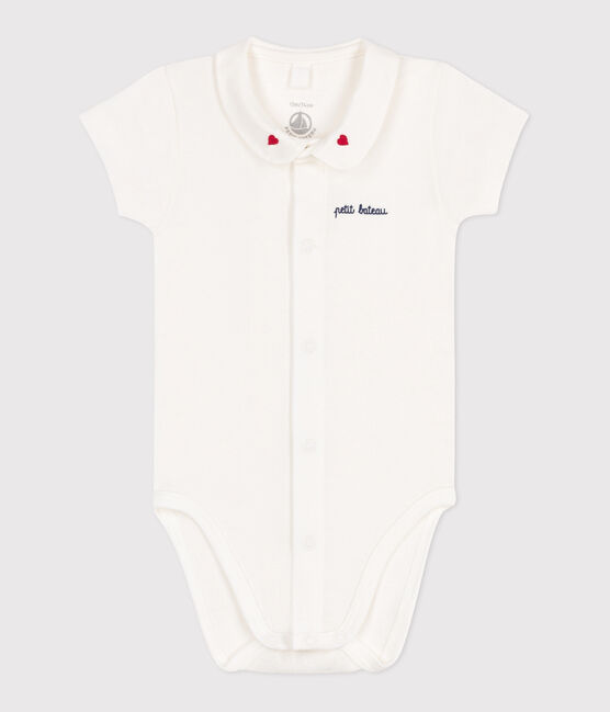Kurzärmeliger Newborn-Body mit Kragen aus Baumwolle weiss MARSHMALLOW