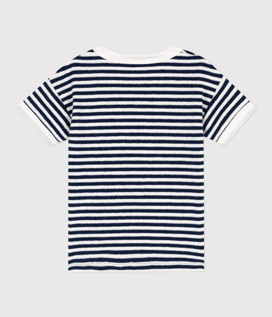 Gestreiftes Kinder-T-Shirt aus Frottee für Jungen blau MEDIEVAL/weiss MARSHMALLOW