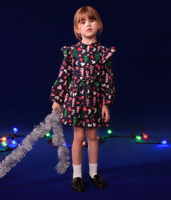 Langärmeliges Kinder-Kleid aus Flanell für Mädchen blau SMOKING/weiss MULTICO