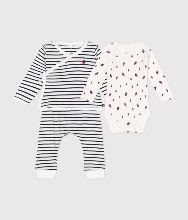 3-teiliges Baby-Set aus Baumwolle weiss/blau