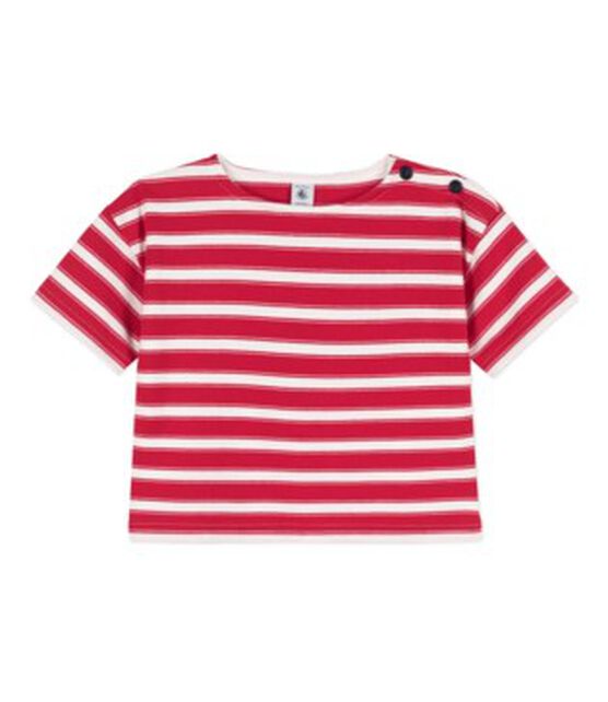 Gestreiftes Kinder-T-Shirt aus dichter Baumwolle für Mädchen rot PEPS/weiss MARSHMALLOW