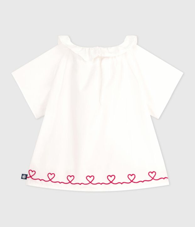 Kurz&auml;rmelige Baby-Bluse aus Baumwoll-Popeline mit bestickten Herzen weiss