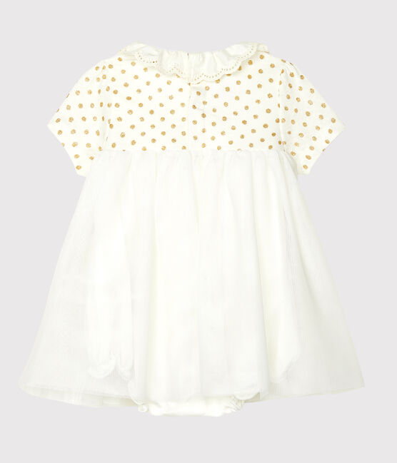 Baby-Bodykleid aus Baumwollleinen für Mädchen weiss MARSHMALLOW/gelb OR