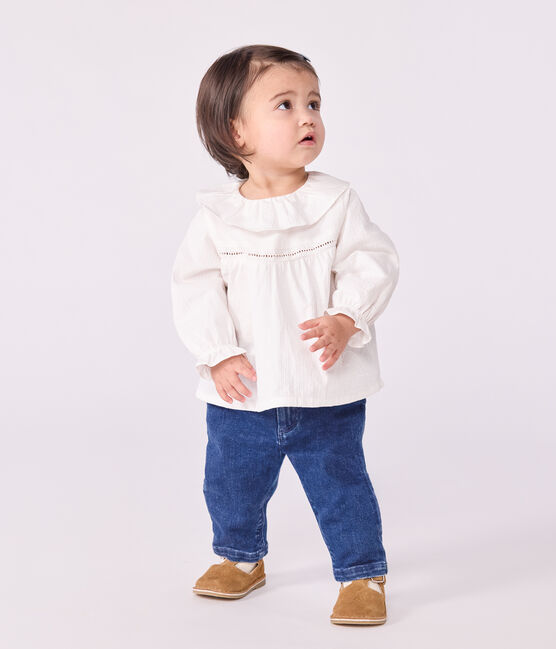 Langärmelige Baby-Bluse aus Baumwoll-Popeline mit Kragen und Stickereien weiss ECUME