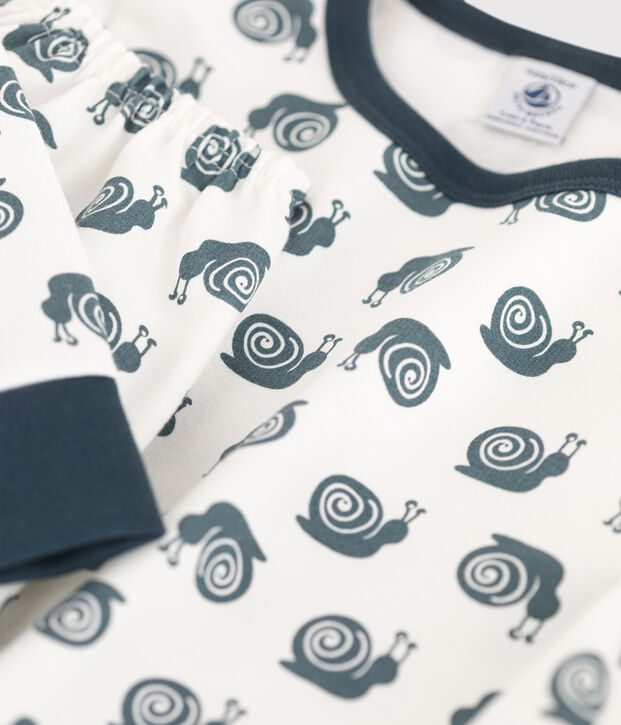 Kinderpyjama aus Molton mit Schneckenmotiv weiss/grau