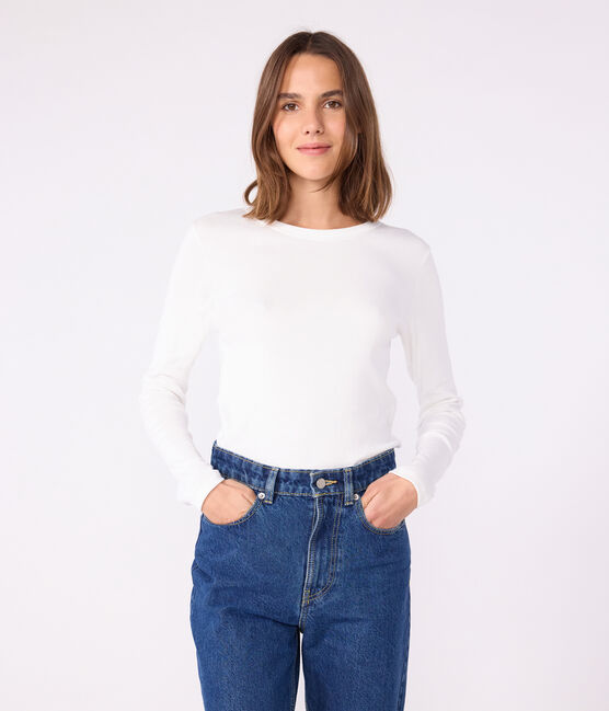 Langärmeliges Damen-T-Shirt L'Iconique aus einfarbigem Rippstrick weiss ECUME