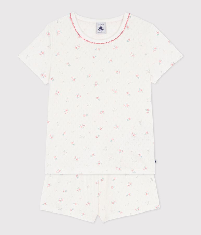 Kinder-Kurzpyjama aus Baumwolle mit Blumen-Lochstickerei weiss/vielfarbig