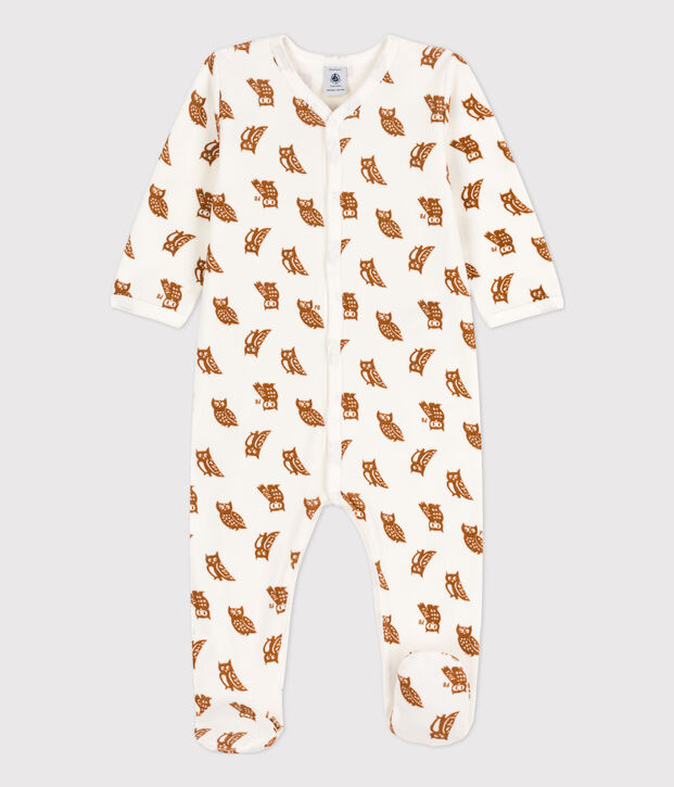 Baby-Strampler aus Nicki mit Eulenmotiv weiss/braun