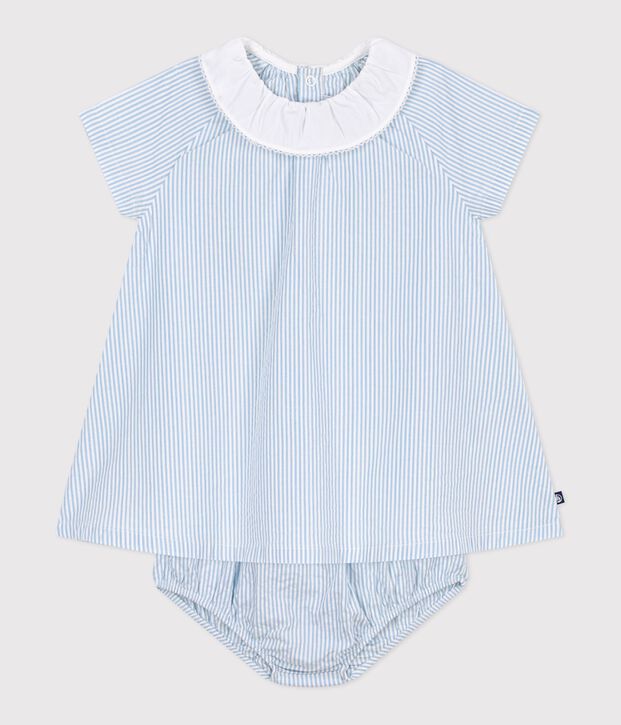 Kurz&auml;rmeliges Baby-Kleid aus Baumwolle und dazu passender Bloomer mit Streifen blau/blau