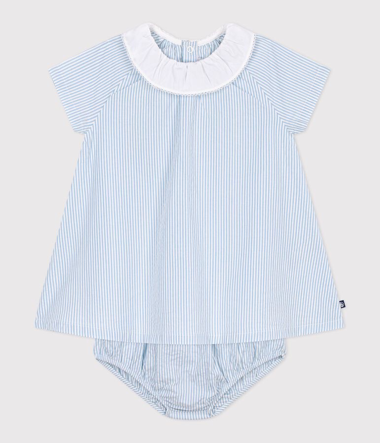 Kurz&auml;rmeliges Baby-Kleid aus Baumwolle und dazu passender Bloomer mit Streifen blau MARSHMALLOW/ FLO