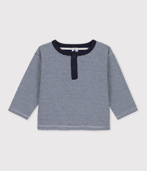 Langärmeliges Baby-T-Shirt aus Doppeljersey mit Ringelstreifen blau MEDIEVAL/ MONTELIMAR