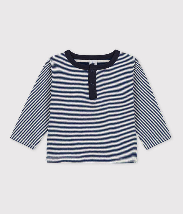 Lang&auml;rmeliges Baby-T-Shirt aus Doppeljersey mit Ringelstreifen blau/beige