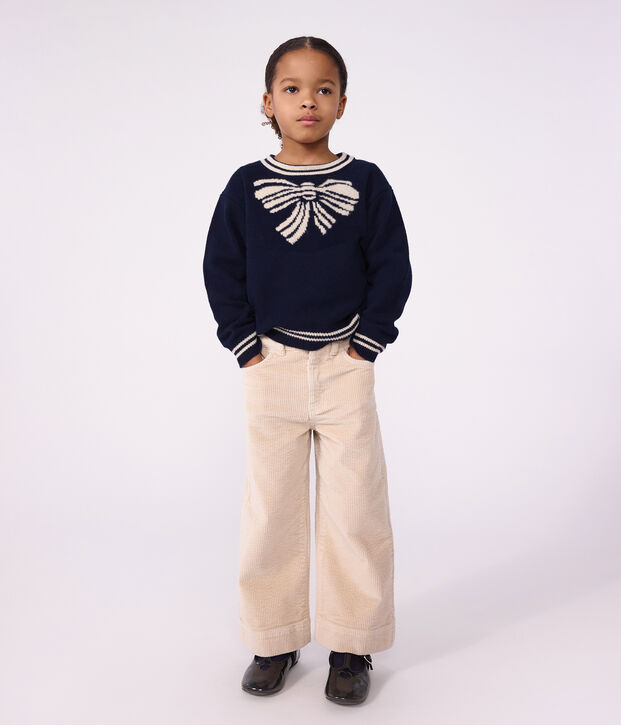 Kinder-Pullover aus Wolle und Baumwolle mit Schleifenmotiv blau/beige