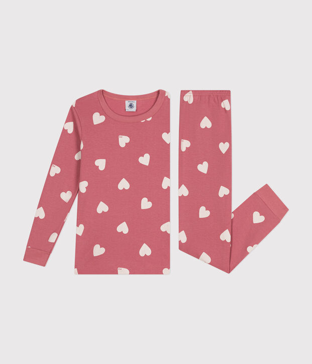 Eng anliegender Kinder-Pyjama aus Baumwolle mit Herzmotiv rosa/naturfarben