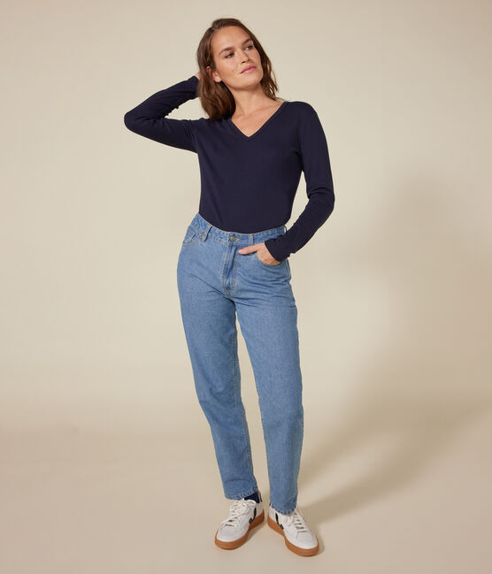 Langärmeliges Damen-T-Shirt L'Iconique aus einfarbigem Rippstrick blau SMOKING