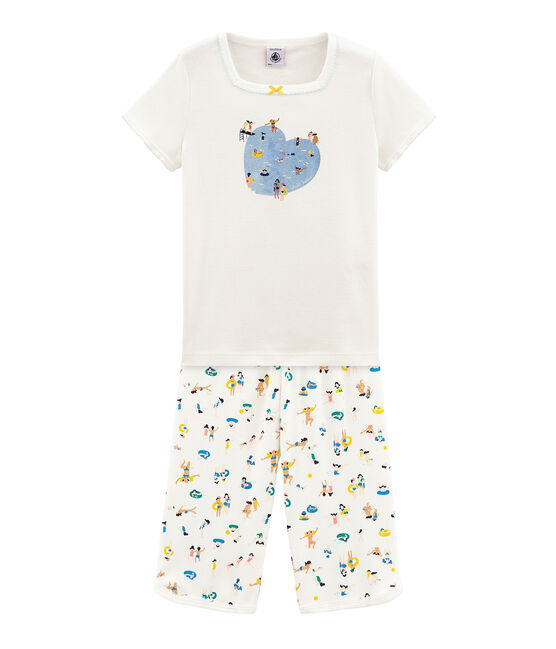 Rippstrick-Kurzpyjama für kleine Mädchen weiss MARSHMALLOW/weiss MULTICO