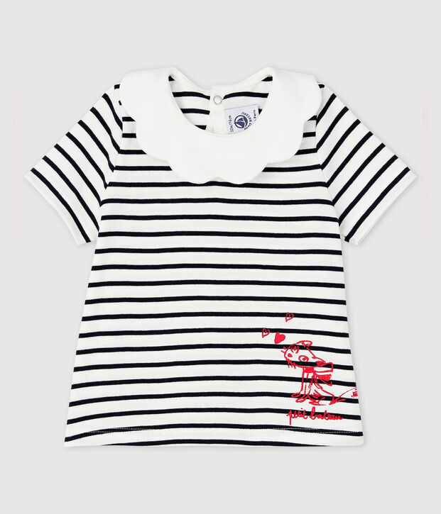 Kurz&auml;rmelige Baby-Bluse aus Baumwolle f&uuml;r M&auml;dchen weiss/blau