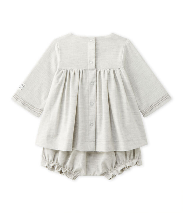 Besticktes Baby-M&auml;dchen-Kleid aus Twill mit Bloomers grau