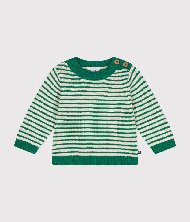 Baby-Pullover aus Woll- und Baumwollstrick gr&uuml;n/naturfarben