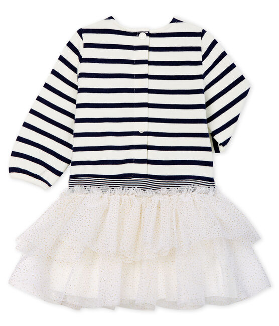 Langärmeliges gestreiftes Babykleid für Mädchen weiss MARSHMALLOW/blau SMOKING