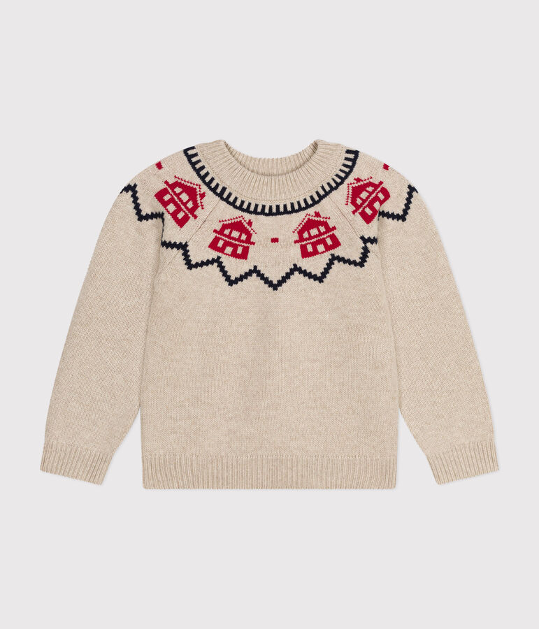 Kinder-Jacquard-Pullover aus Wolle und Baumwolle beige/vielfarbig