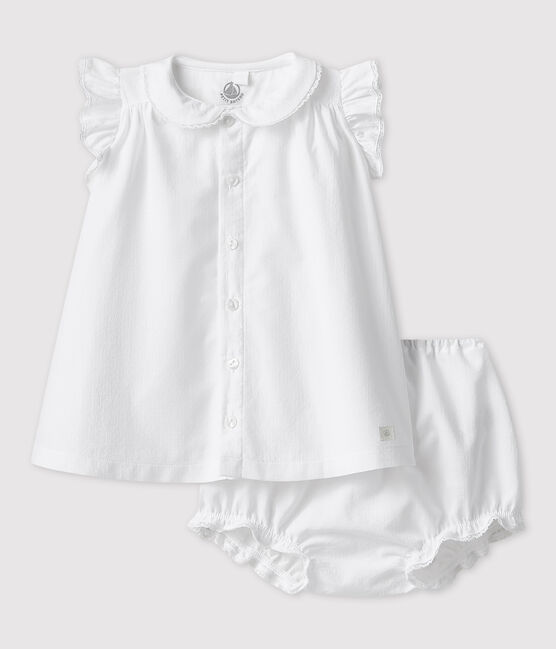 Kurzärmeliges Baby-Kleid mit Bloomers für Mädchen weiss ECUME
