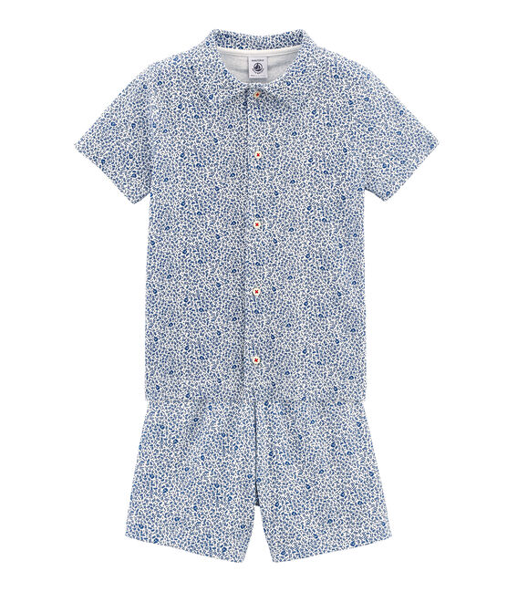 Rippstrick-Kurzpyjama für kleine Jungen weiss MARSHMALLOW/blau MAJOR