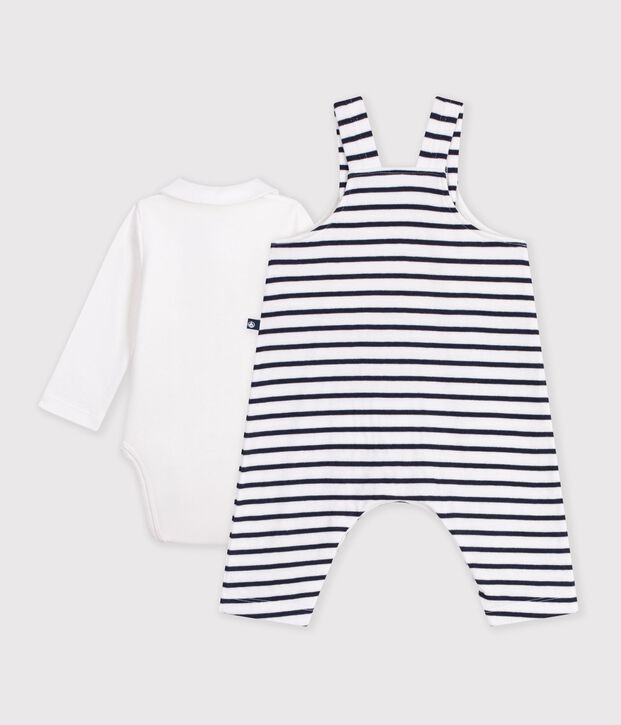 Baby-Set Latzhose und Body aus Baumwolle mit Kragen und Streifen weiss/blau