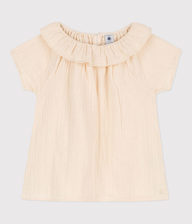 Kurz&auml;rmelige Kinderbluse  f&uuml;r M&auml;dchen aus Musselinstoff naturfarben