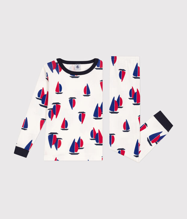 Eng anliegender Kinder-Pyjama aus Baumwolle mit Schiffchen-Motiv weiss/vielfarbig