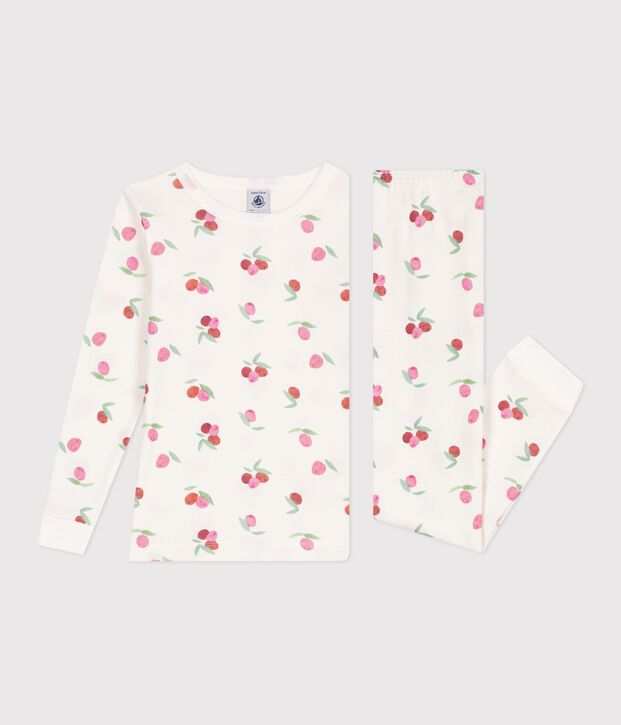 Sehr taillierter Kinderpyjama aus bedruckter Baumwolle weiss/rosa/vielfarbig