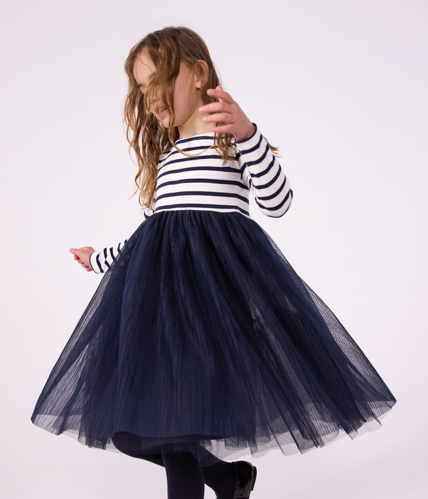 Lang&auml;rmeliges Kinder-Kleid aus Baumwolle und T&uuml;ll mit Streifen weiss/blau