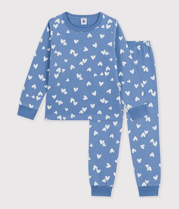 Kinder-Pyjama aus Molton mit Herzmotiv blau/weiss