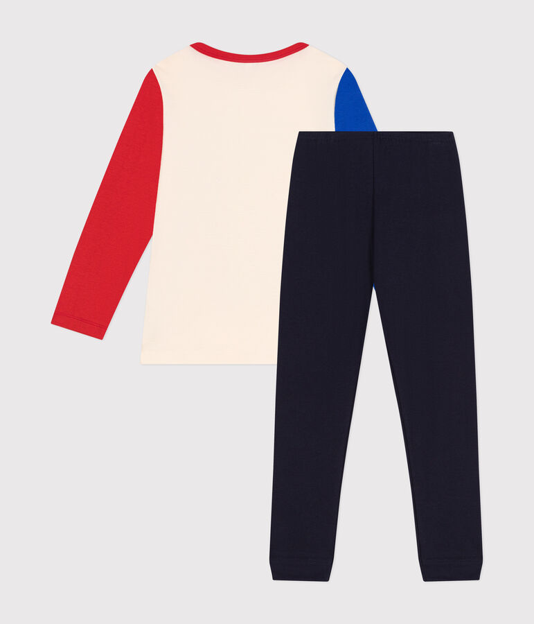 Kinder-Pyjama aus einfarbiger Baumwolle mit Sportmotiven blau/vielfarbig