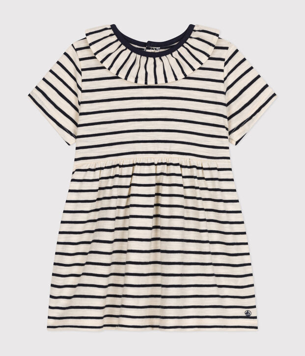 Kurz&auml;rmeliges Babykleid aus geflammtem Jersey naturfarben/blau