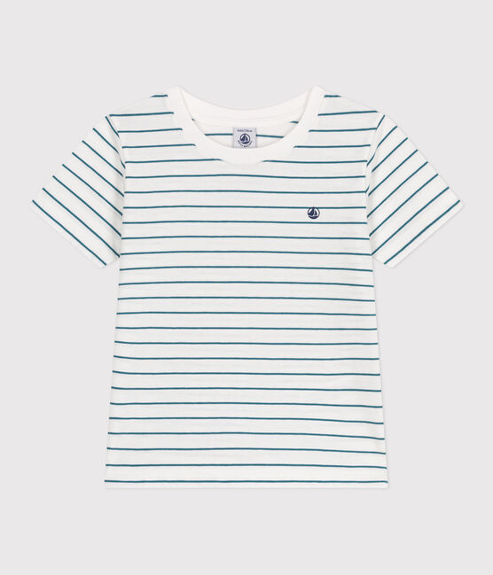 Kurzärmeliges Kinder-T-Shirt aus Baumwolle mit Streifen grün MARSHMALLOW/ DRAGONFLY